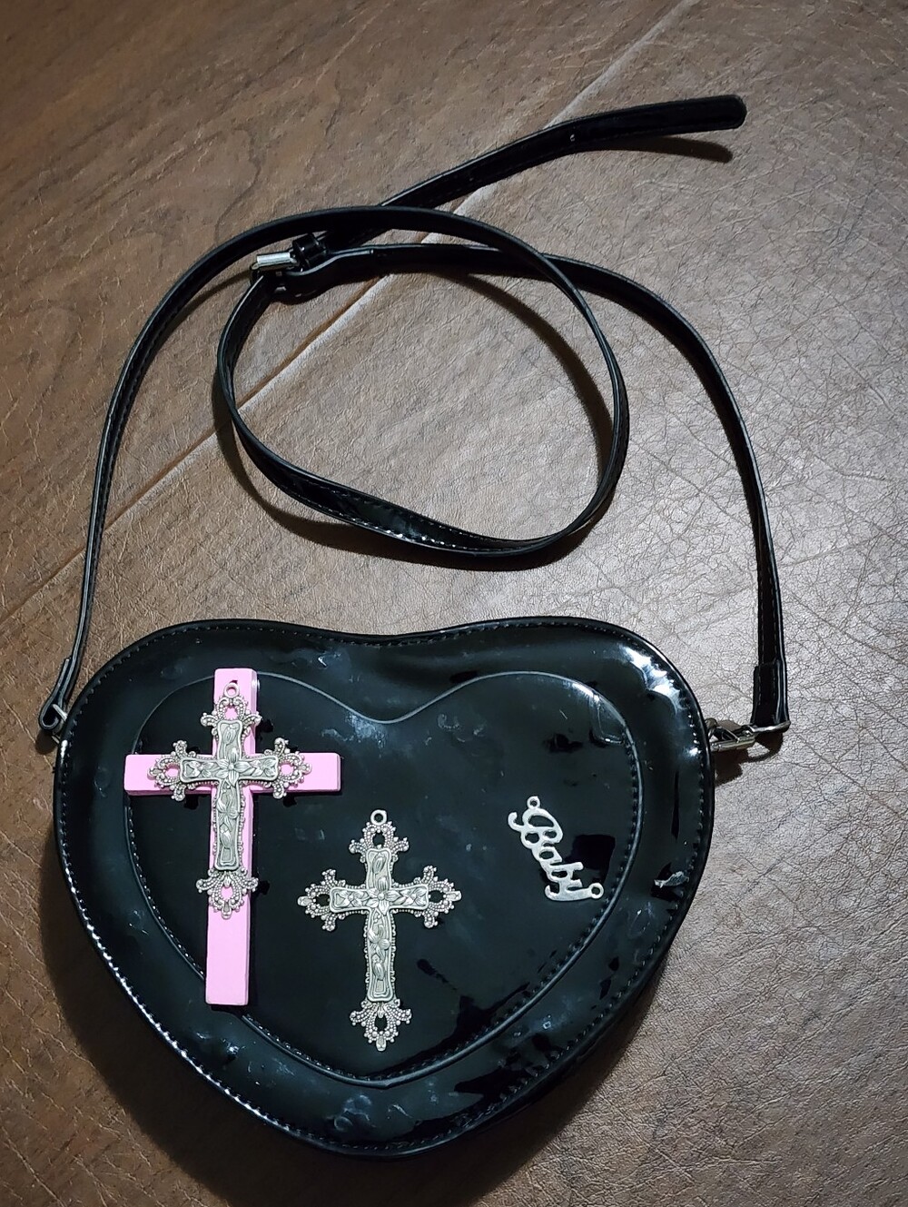 Heart-Shaped Cross Accent Shoulder Bag - Black & Pink - Picture 1 of 10